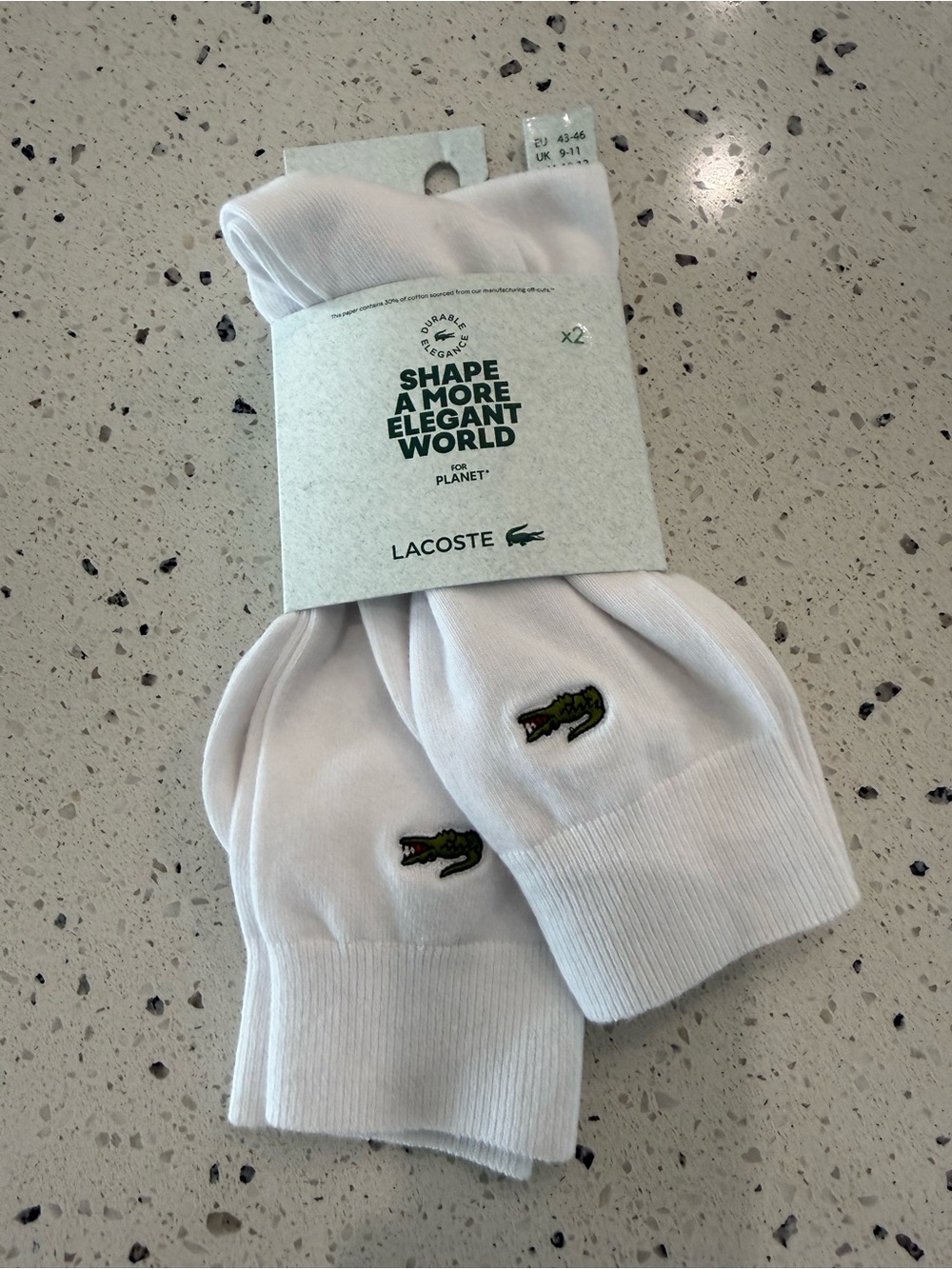 New mens Lacoste White Crew Socks with Green Crocodile Logo - 2 Pack